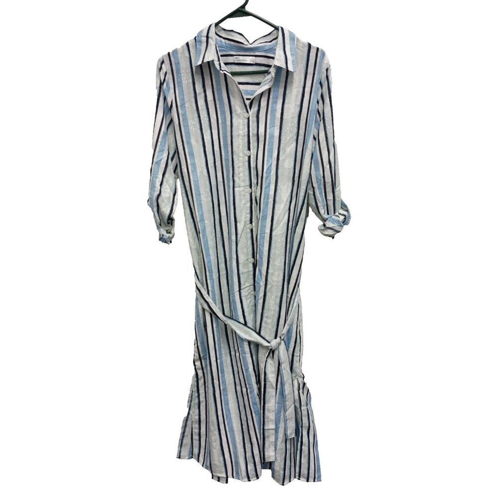 89th + Madison Womens Midi Shirt‎ Dress Medium Blue White Striped BOHO Cottage